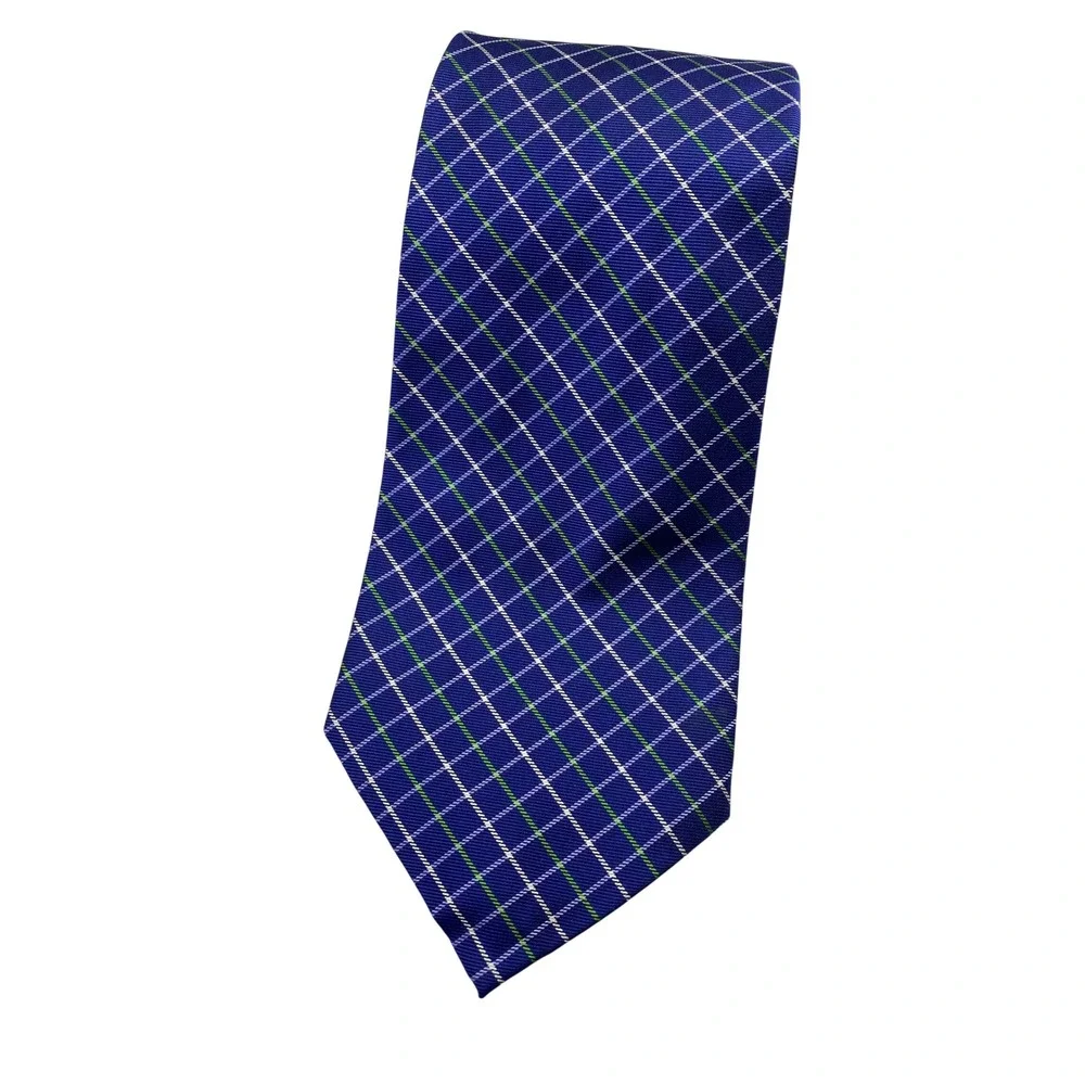 Ralph Lauren Men Blue Green White Plaid Silk Neck Tie Hand Finished Made USA New